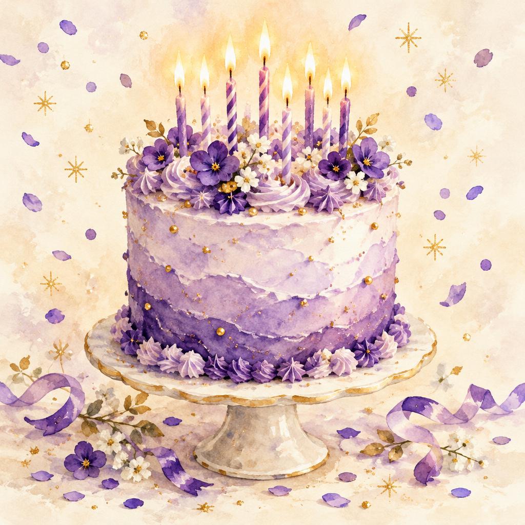 Watercolor purple birthday cake with candles