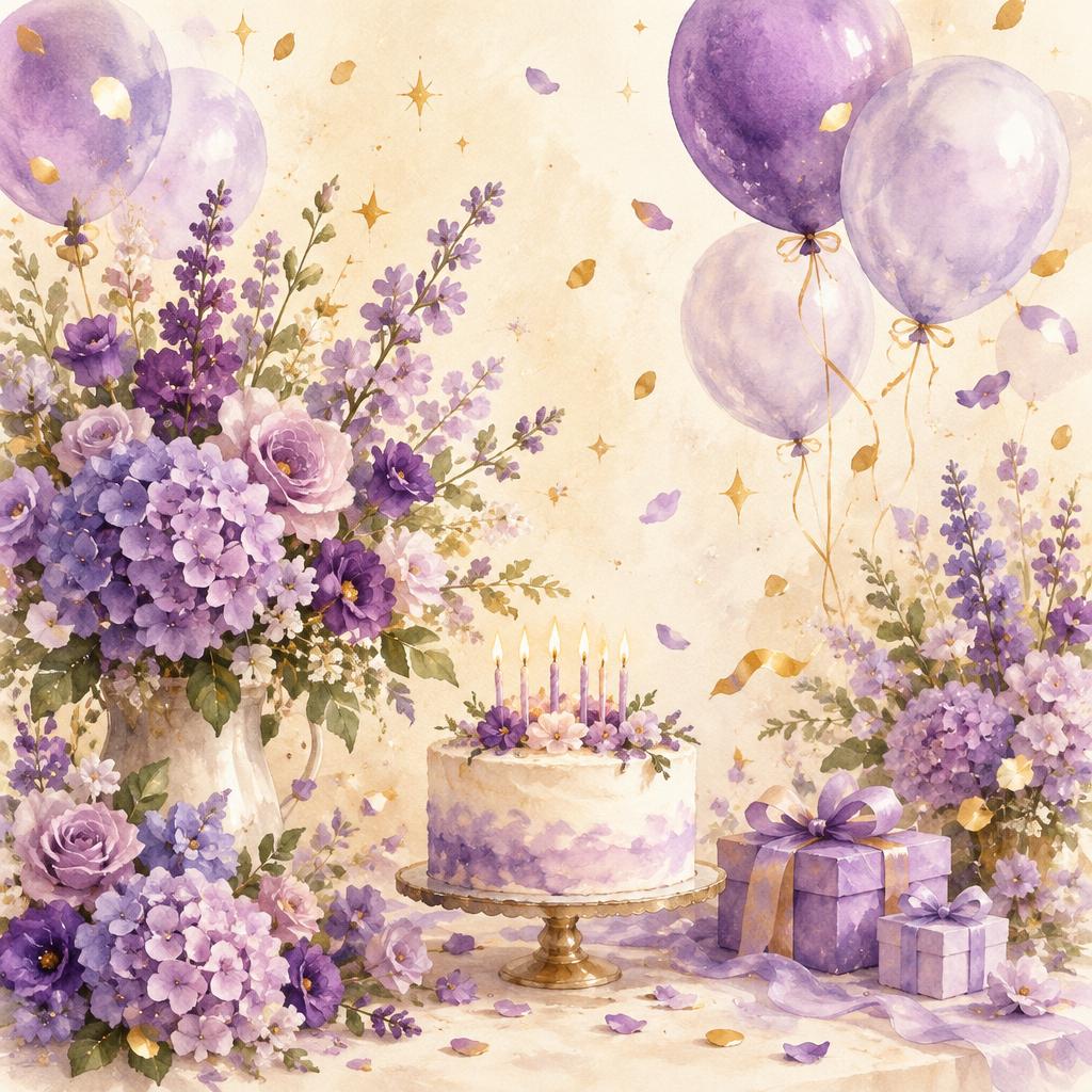 Watercolor purple flowers and balloons